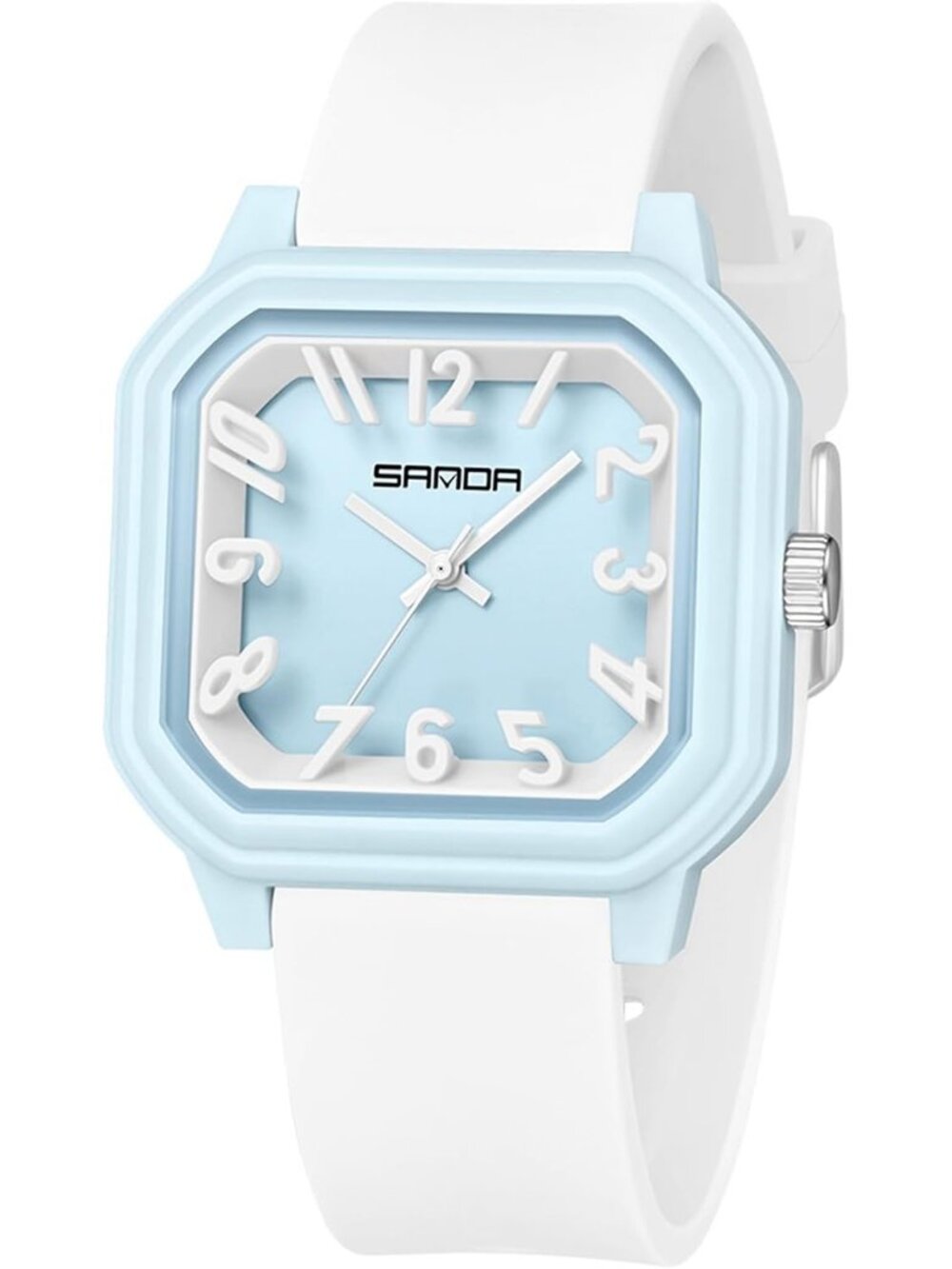 Women’s Blue White Big Arabic Numbers Silicone Strap Analog Square Wrist Watch